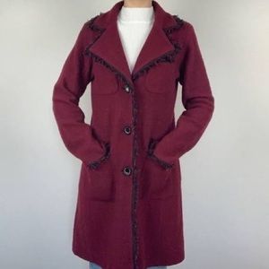 Karl Lagerfeld Paris Burgundy Fringe Wool Blend Long Jacket Coatigan L